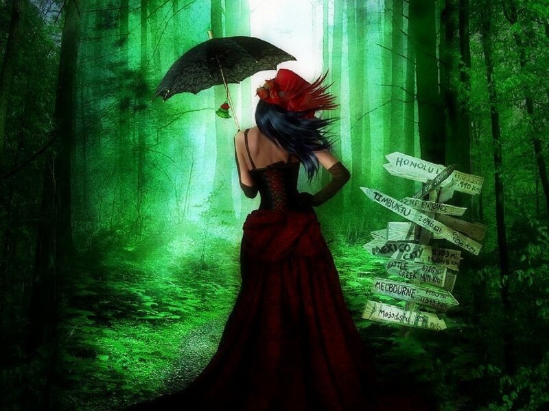 Woman in Red Dress — Green, Mysterious, Digital Art