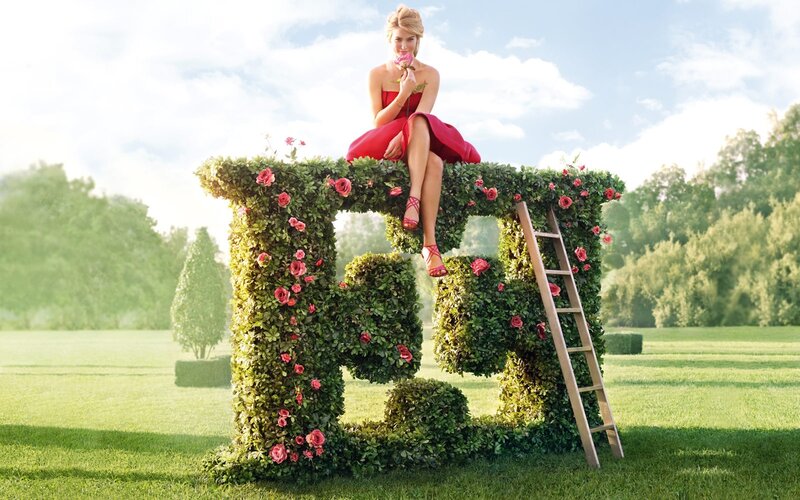 Woman in Red Dress — Green, Serene, Afternoon