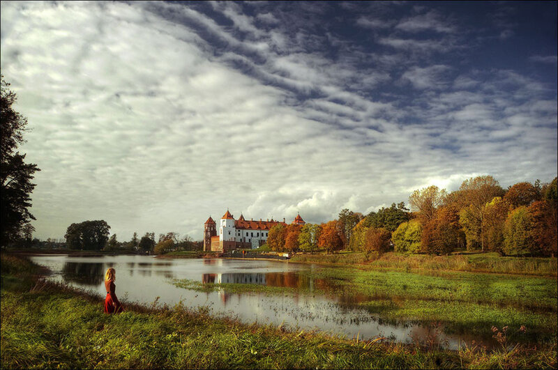Woman in Red Dress — Green, Serene, Autumn