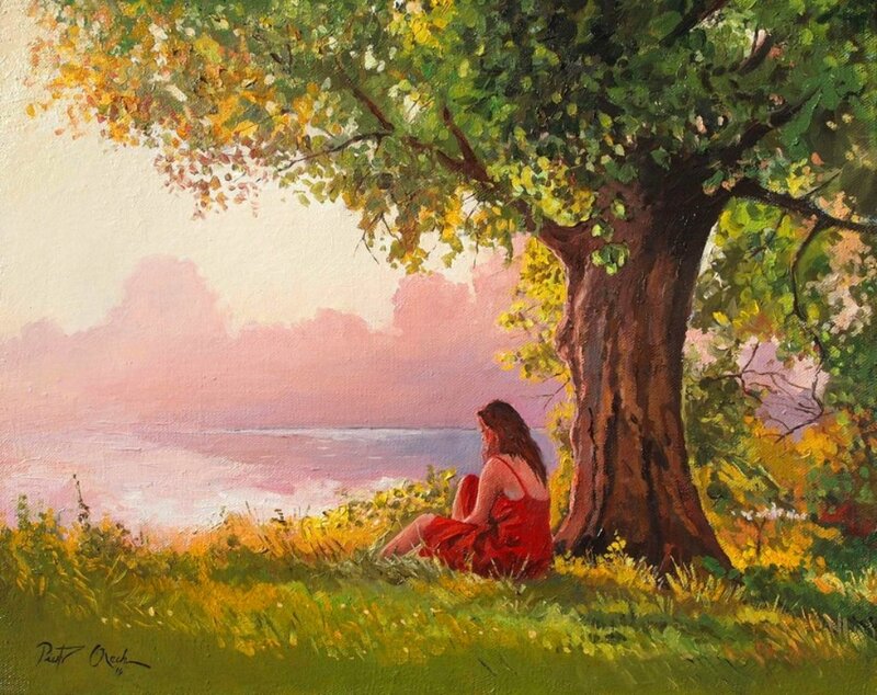 Woman in Red Dress — Green, Serene, Sunset