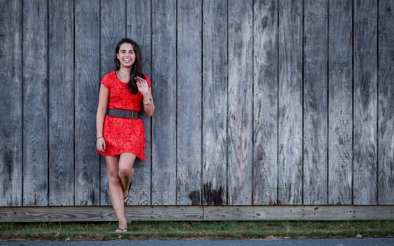Woman in Red Dress — Happy, Afternoon, Photograph, Wooden Wall, Grass