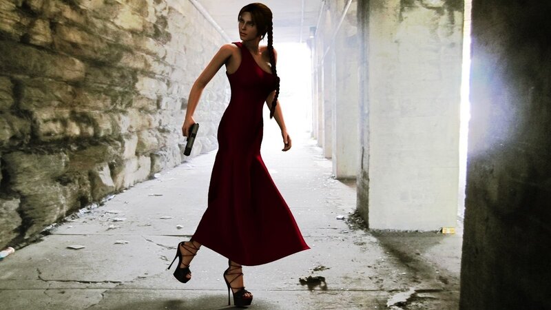 Woman in red dress holding gun