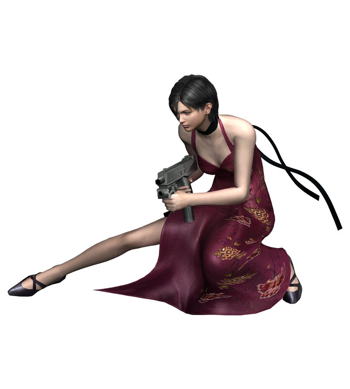 woman in red dress holding gun