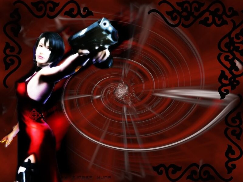 woman in red dress holding gun