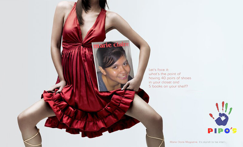 Woman in red dress holding magazine
