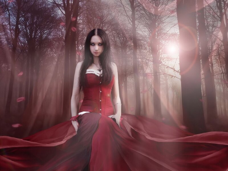 woman in red dress in forest