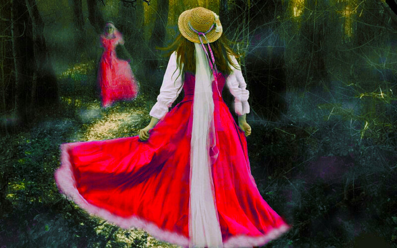 Woman in Red Dress — Mysterious, Digital Art, Forest
