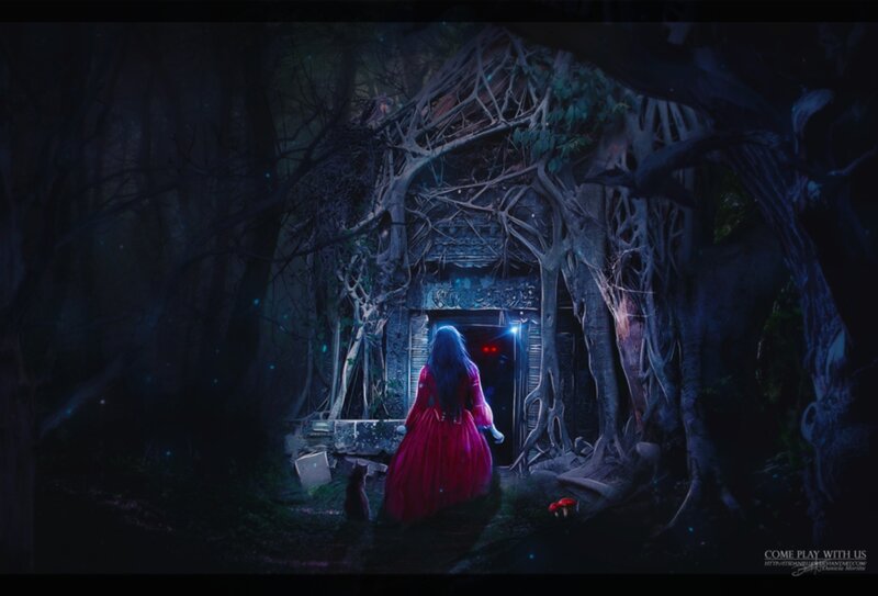 Woman in Red Dress — Mysterious, Night, Digital Art, Forest