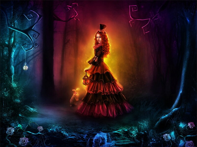 Woman in Red Dress — Mysterious, Night, Digital Art, Rabbit