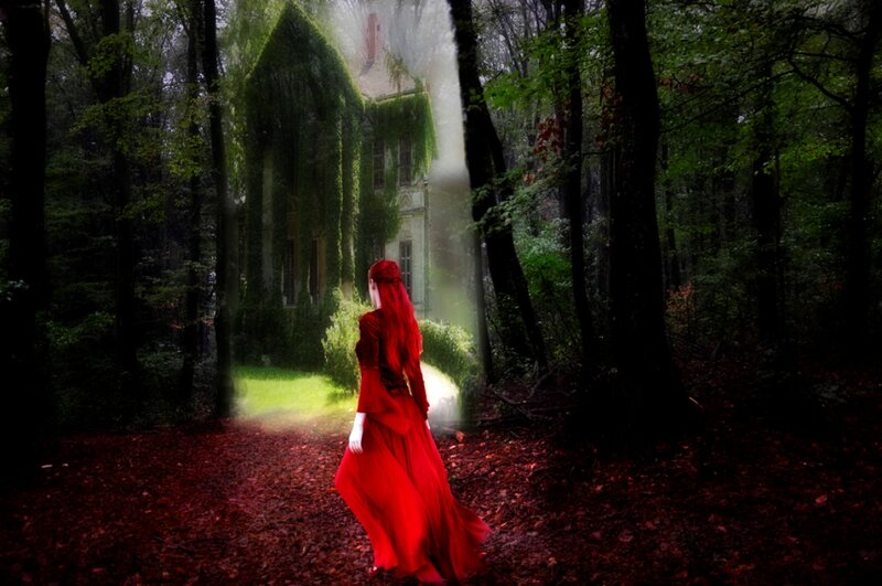 Woman in Red Dress — Mysterious, Night, Digital Art