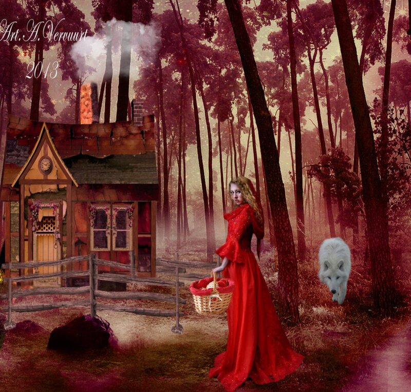 Woman in Red Dress — Mysterious, Night, Digital Art, Wolf