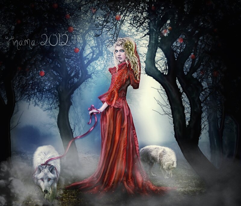 Woman in Red Dress — Mysterious, Night, Digital Art, Wolves