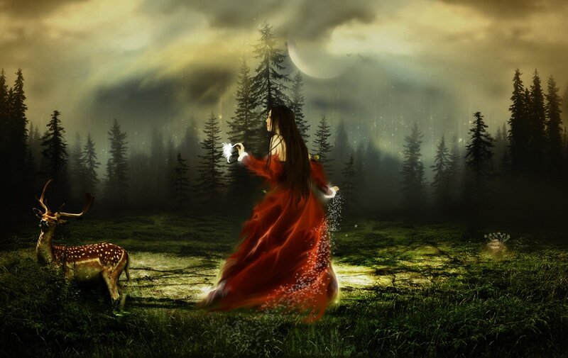 Woman in Red Dress — Mystical, Night, Digital Art, Deer, Forest, Moon, Sparkles