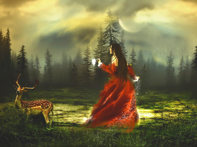 Woman in Red Dress — Mystical, Night, Digital Art, Deer