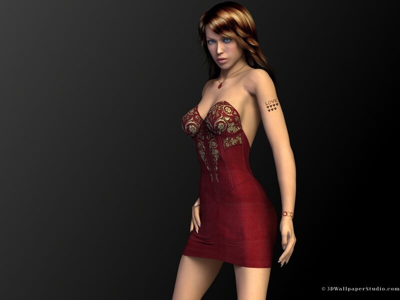Woman in Red Dress — Neutral, 3d Render, Tattoo
