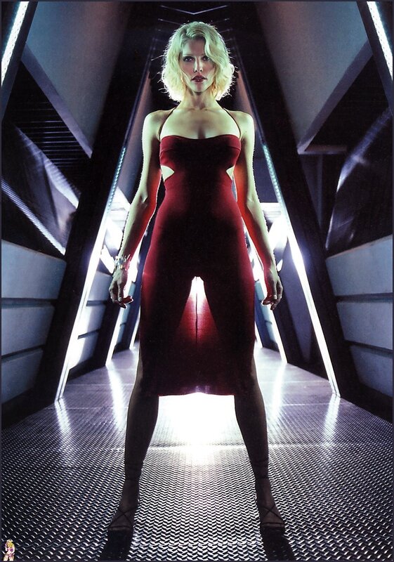 Woman in red dress on futuristic platform