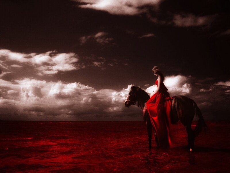 Woman in Red Dress on Horse — Dramatic, Night