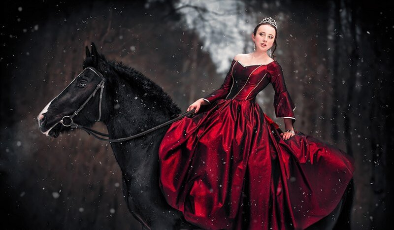 Woman in Red Dress on Horse — Dramatic, Winter