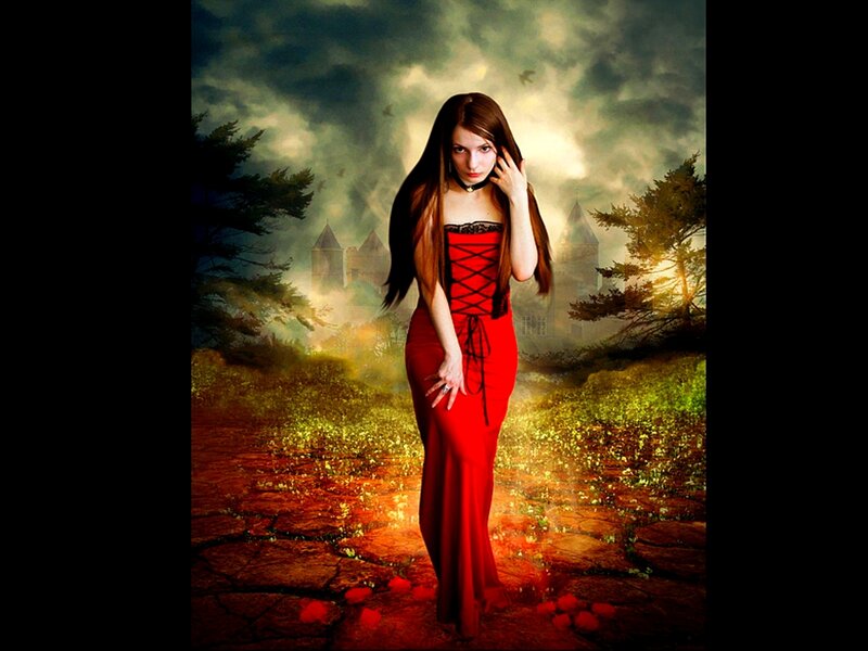 Woman in red dress on path