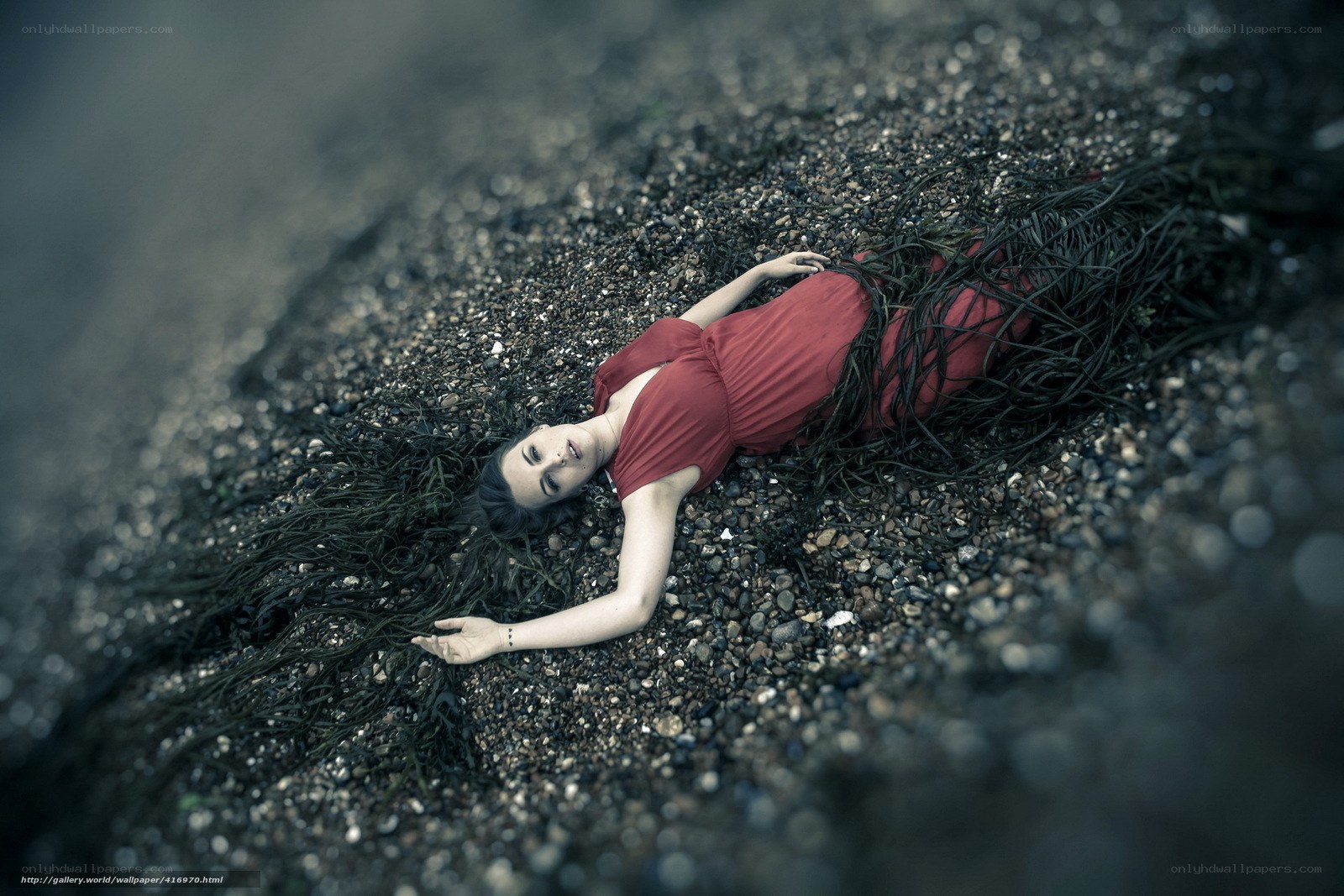 Woman in red dress on pebble beach