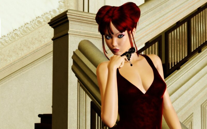 woman in red dress on staircase
