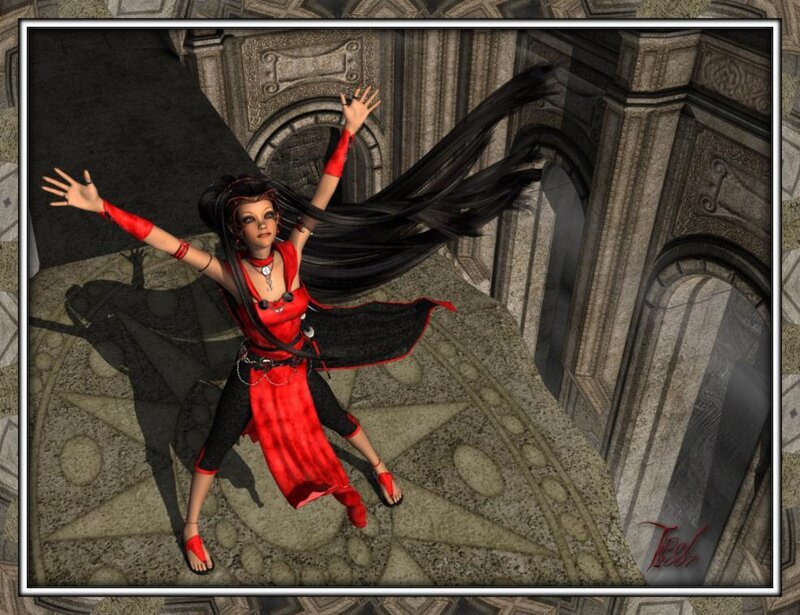 woman in red dress on stone platform
