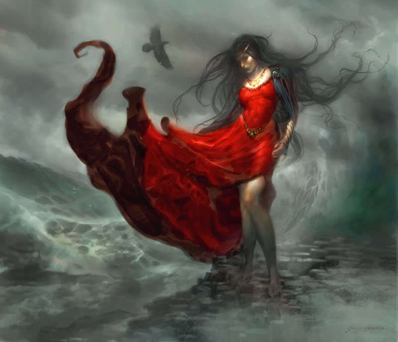 Woman in red dress on stormy shore