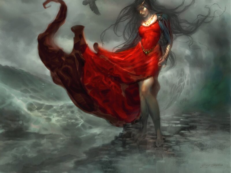 Woman in red dress on stormy shore