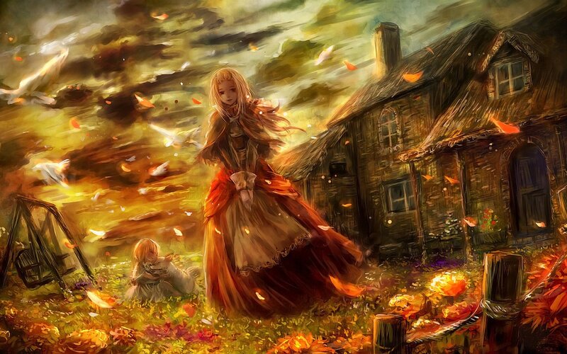 Woman in Red Dress — Orange, Dramatic, Autumn, Digital Art