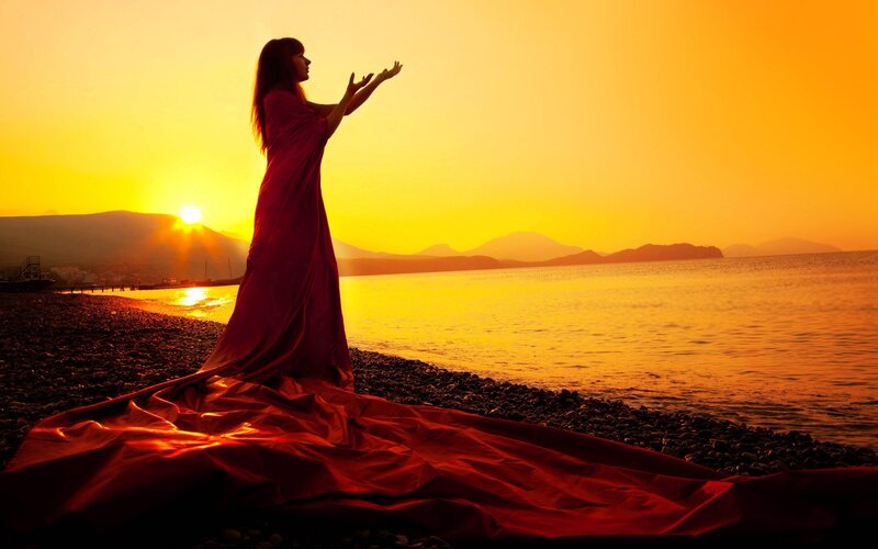 Woman in Red Dress — Orange, Dramatic, Sunset, Photograph, Beach