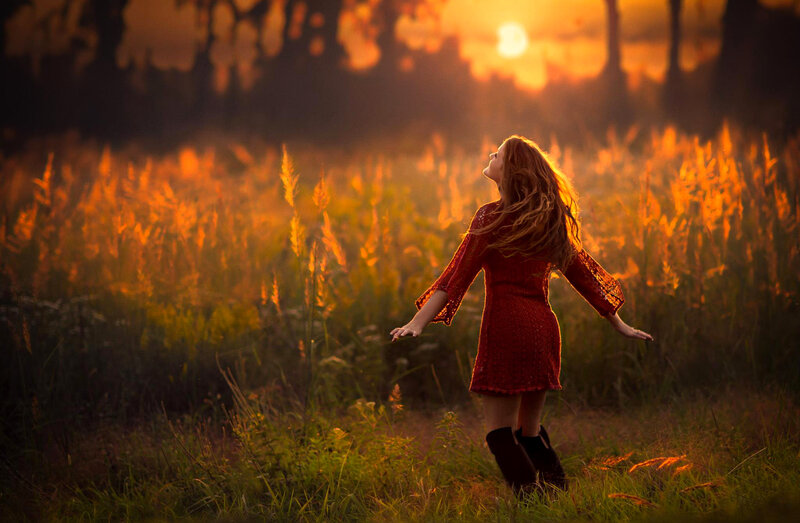 Woman in Red Dress — Orange, Serene, Sunset
