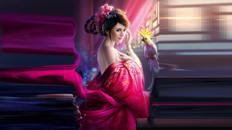 Woman in Red Dress — Pink, Dramatic, Digital Art, Bird