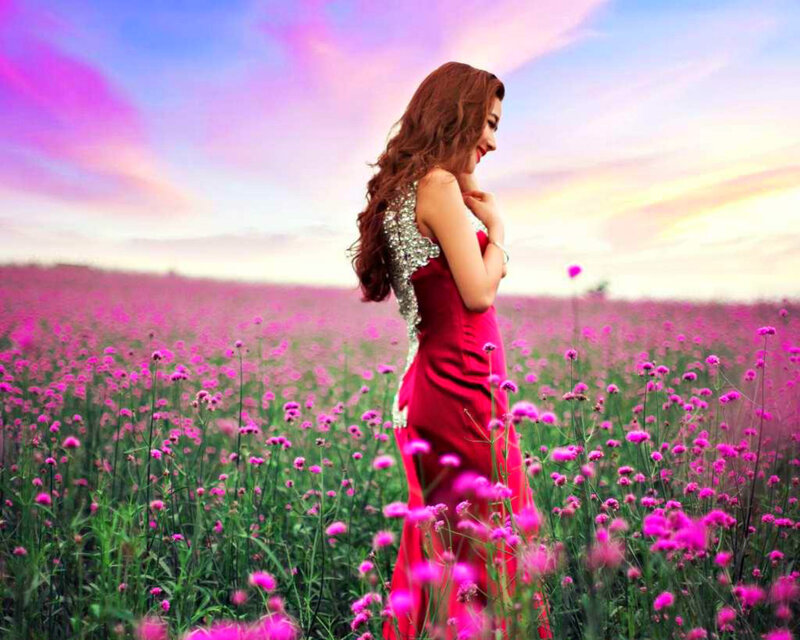 Woman in Red Dress — Pink, Serene, Sunset