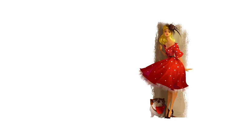 Woman in Red Dress — Playful, Illustration, Dog