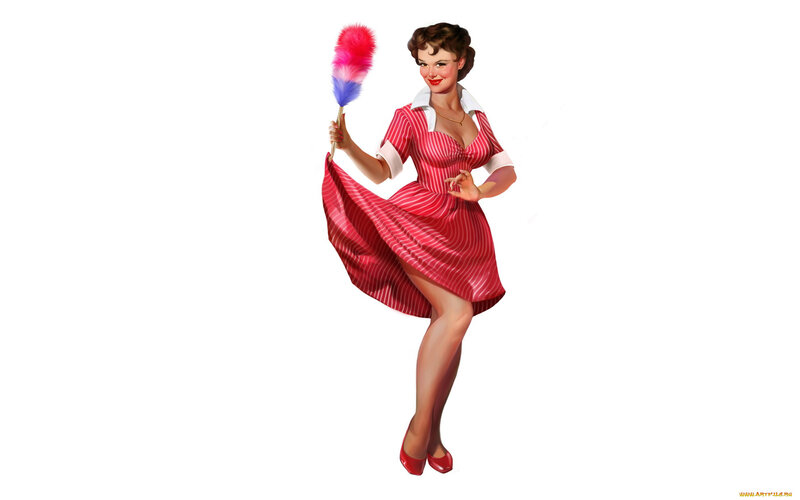 Woman in Red Dress — Playful, Illustration, Feather Duster