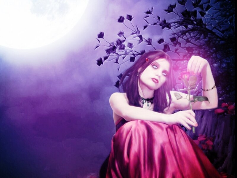Woman in Red Dress — Purple, Dramatic, Night, Digital Art
