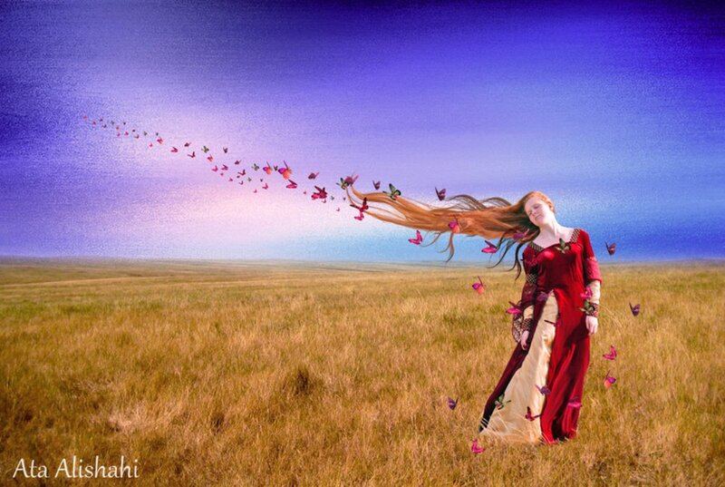 Woman in Red Dress — Purple, Serene, Afternoon