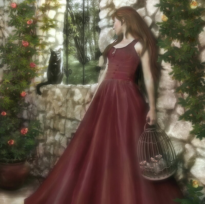Woman in Red Dress — Serene, Afternoon, Digital Art, Cat
