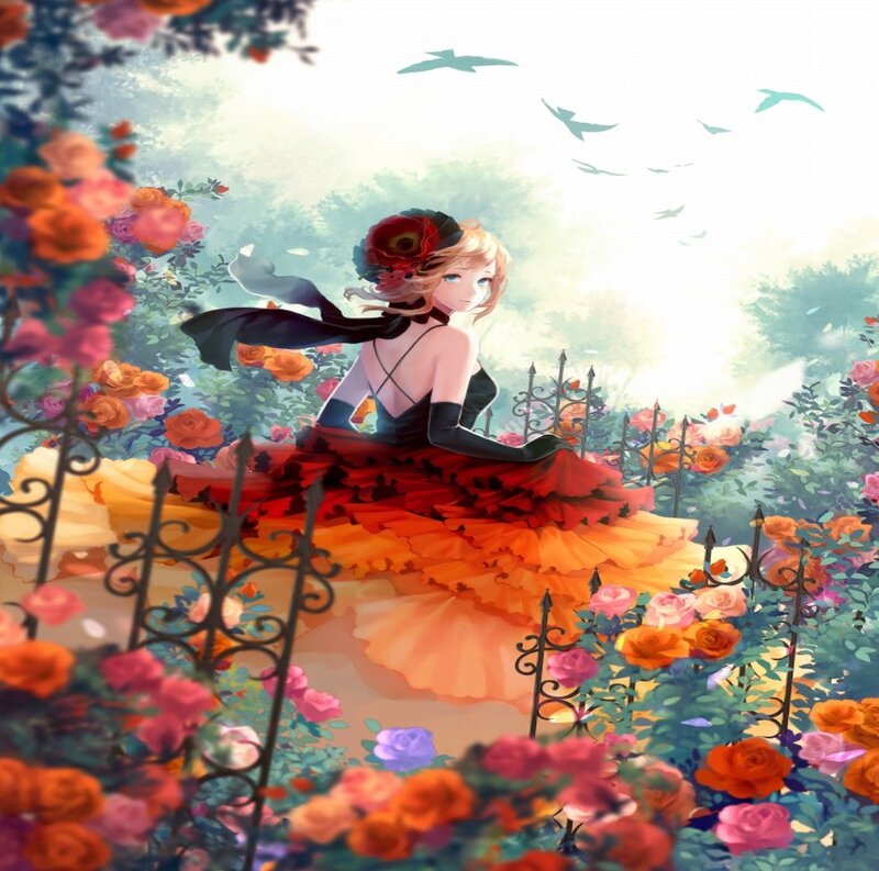 Woman in Red Dress — Serene, Afternoon, Digital Art, Flowers, Birds