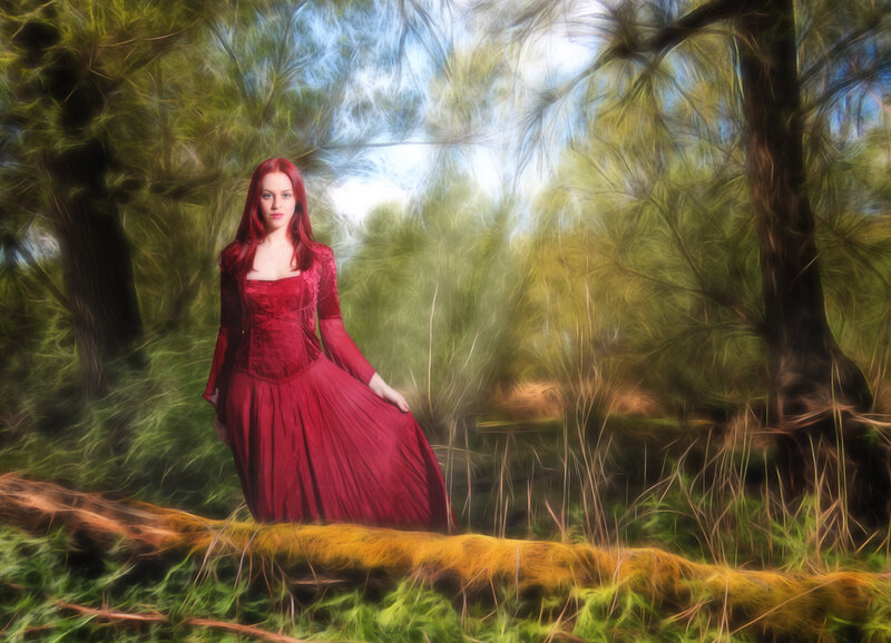 Woman in Red Dress — Serene, Afternoon, Digital Art, Forest