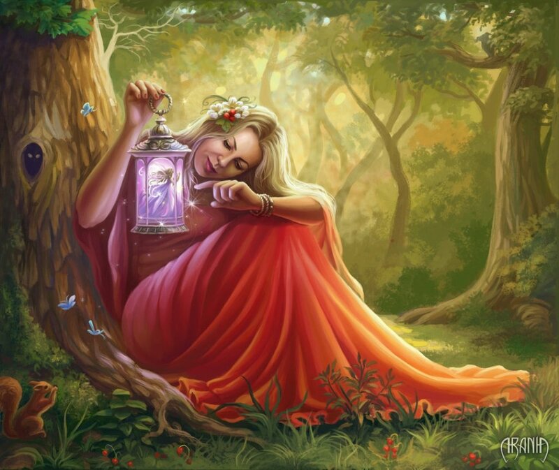 Woman in Red Dress — Serene, Afternoon, Digital Art, Lantern