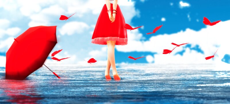 Woman in Red Dress — Serene, Afternoon, Digital Art, Umbrella