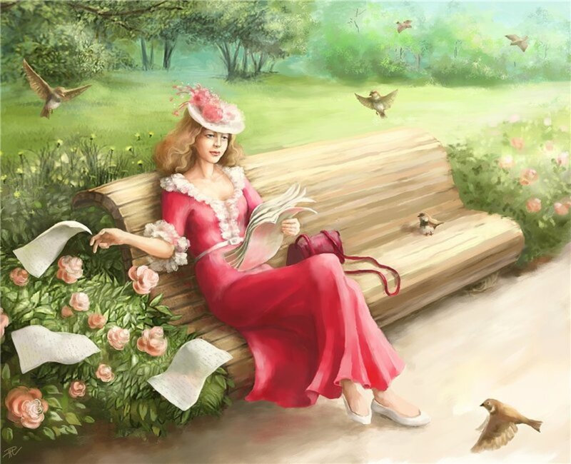 Woman in Red Dress — Serene, Afternoon, Illustration