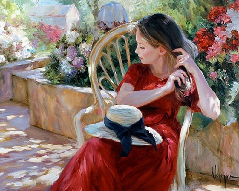 Woman in Red Dress — Serene, Afternoon, Painting, Chair