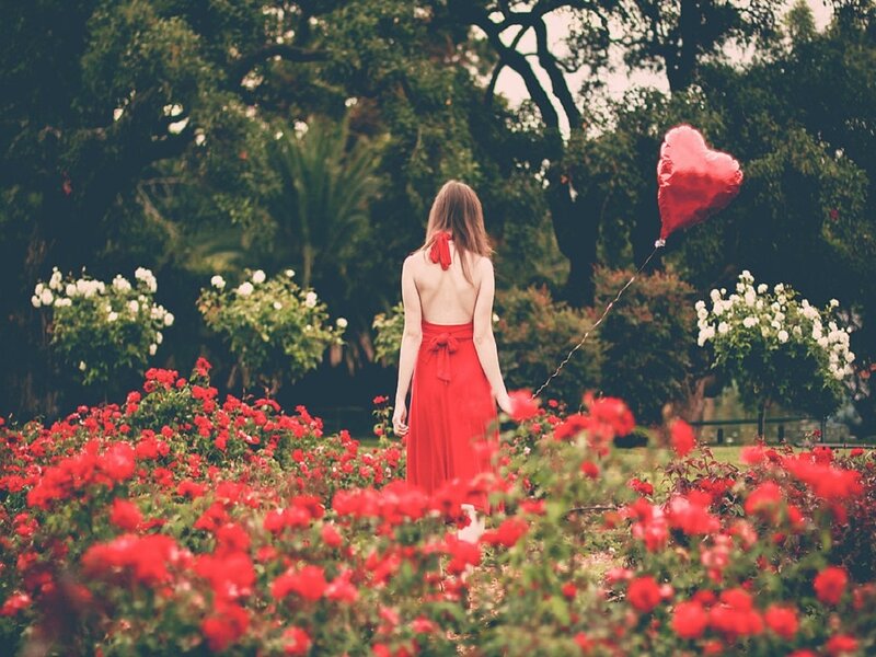 Woman in Red Dress — Serene, Afternoon, Photograph, Balloon