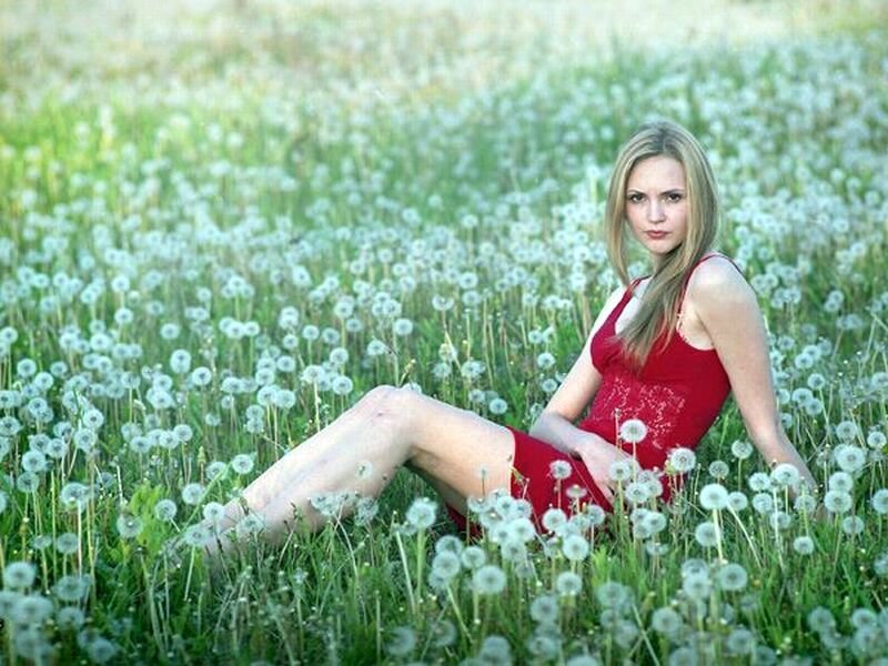 Woman in Red Dress — Serene, Afternoon, Photograph, Dandelions