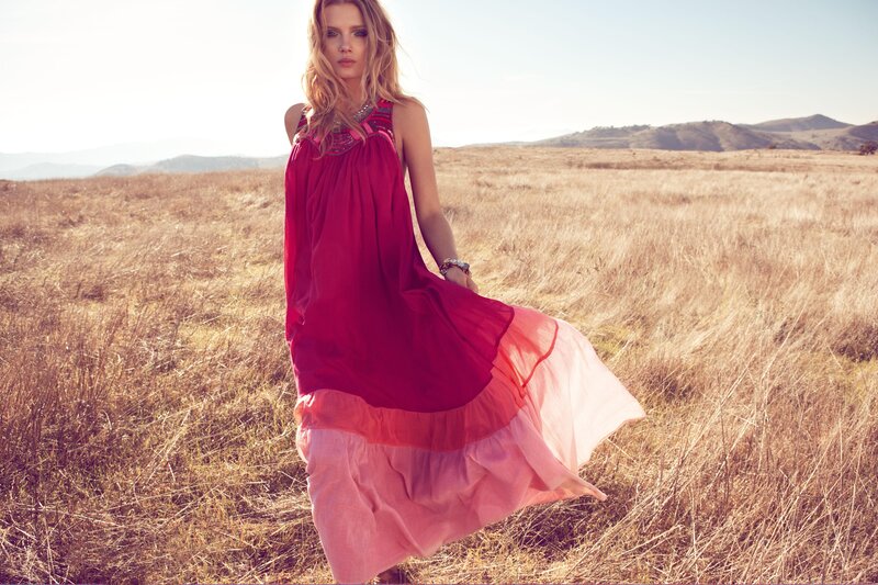 Woman in Red Dress — Serene, Afternoon, Photograph, Field, Hills, Brown