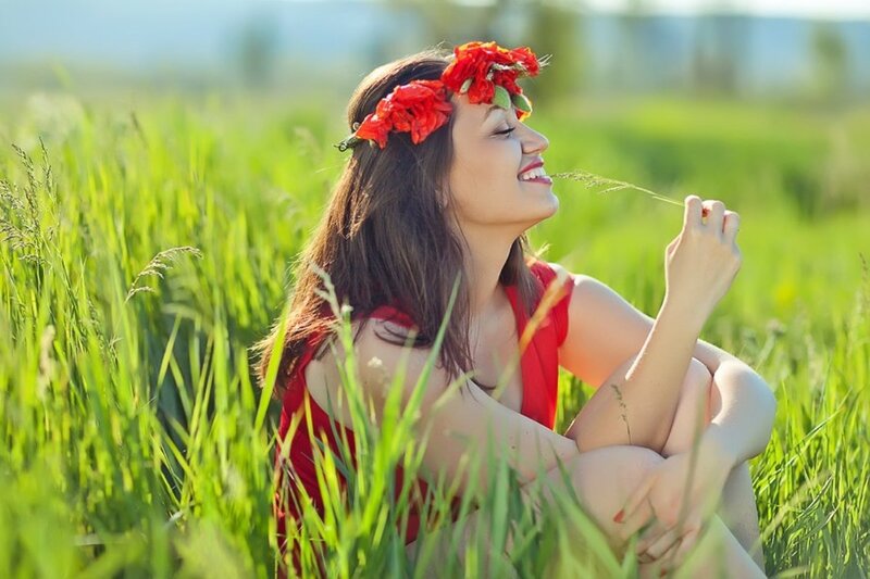 Woman in Red Dress — Serene, Afternoon, Photograph, Flower Crown, Grass Field