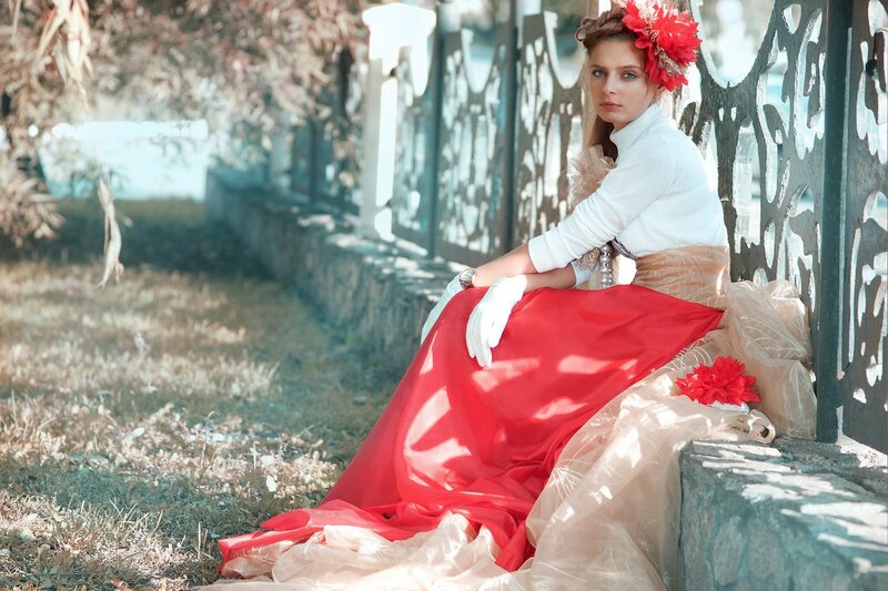 Woman in Red Dress — Serene, Afternoon, Photograph, Flower Crown, White Gloves