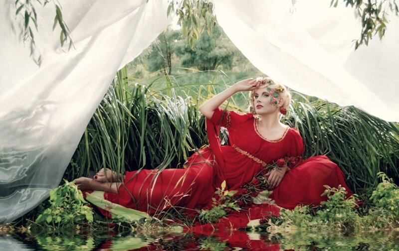Woman in Red Dress — Serene, Afternoon, Photograph, Flowers, Water